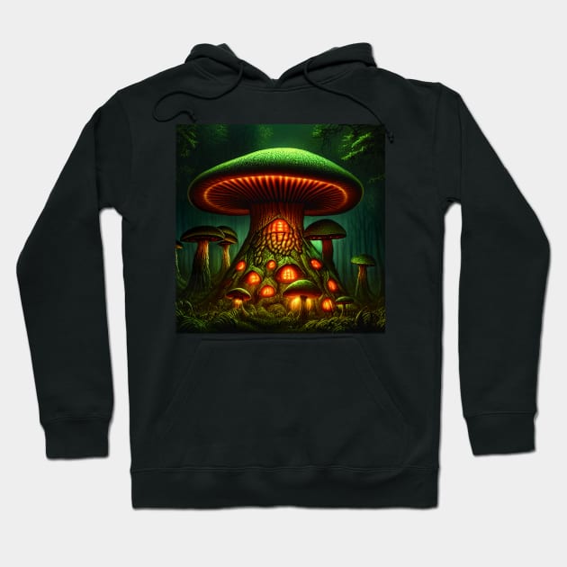 Magical Big Cottage Mushroom House with Lights in Forest with High Trees, Mushroom Aesthetic Hoodie by Promen Art